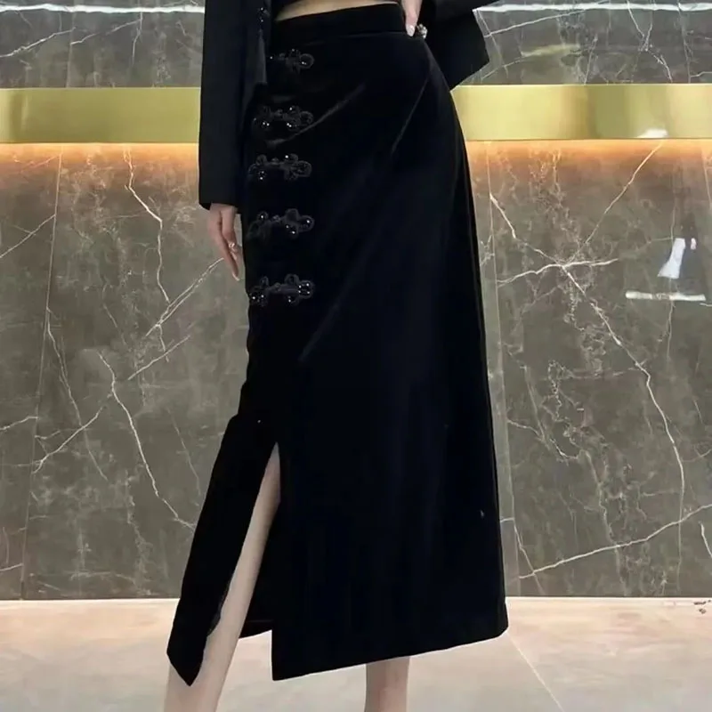 2026 Spring Autumn New Women's Dress with Velvet National Style Buckle Skirt Retro Gold Velvet Female High Waist Split Hip Skirt