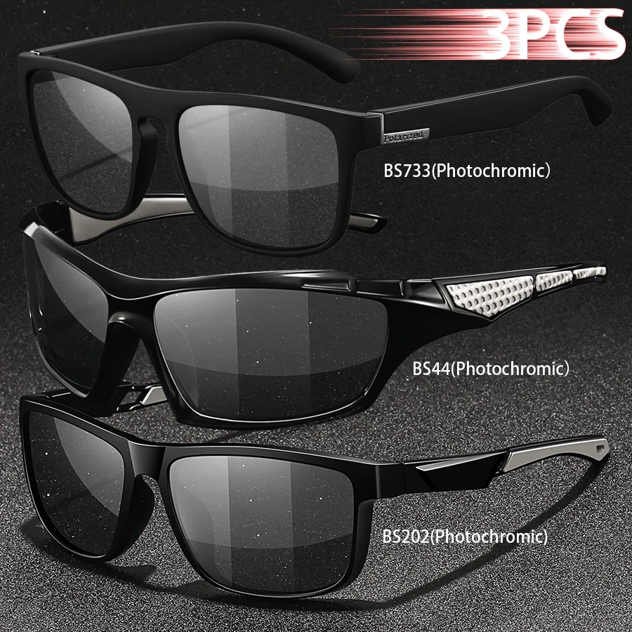 3PCS Photochromic Polarized Sports Vintage Sunglasses Men Women Cycling Driving Mountaineering Chameleon Sun Glasses UV400Eyewer