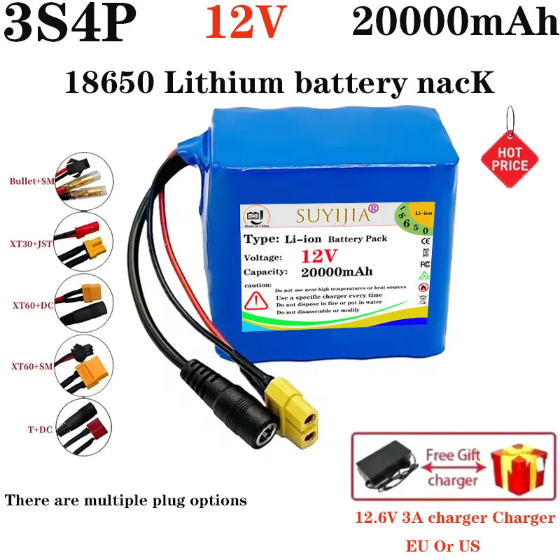 

12V 3S4P Fishing Battery 12V 3S4P 20AH Portable Battery 12V Lithium Ion Rechargeable Battery DC 12.6V Camera Display + Charger