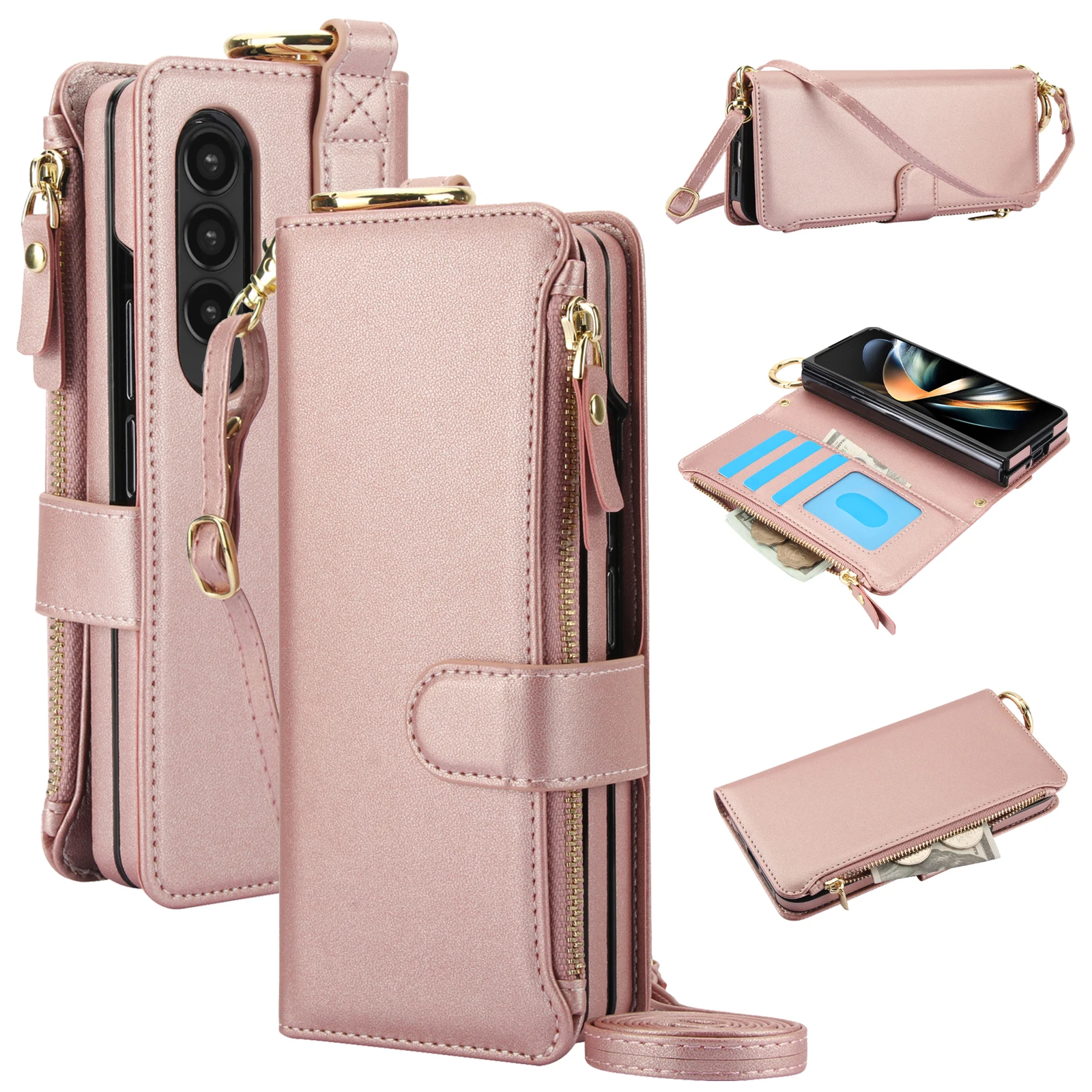 Lanyard Cash Cards Solt Zipper Wallet Leather Case For Samsung Galaxy Z Fold 5 4 3 6 5G Wristband Ring Holder Kickstand Pocket