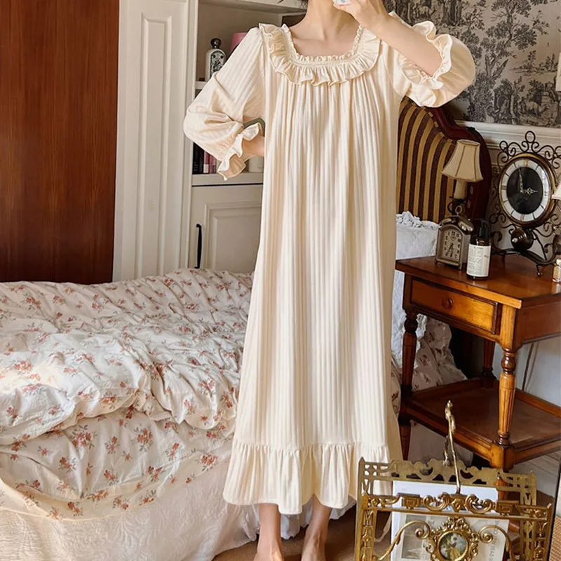 Clearancce Sales Princess Vintage Nightgowns Comfortable Cotton Women Nightdress Sweet Lace Long Nightie Sleepwear Low Price