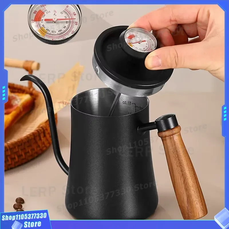 Stainless Steel Gooseneck Coffee Kettle with Thermometer and Inner Scale Long Spout Pour Over Drip Pot for Home Barista
