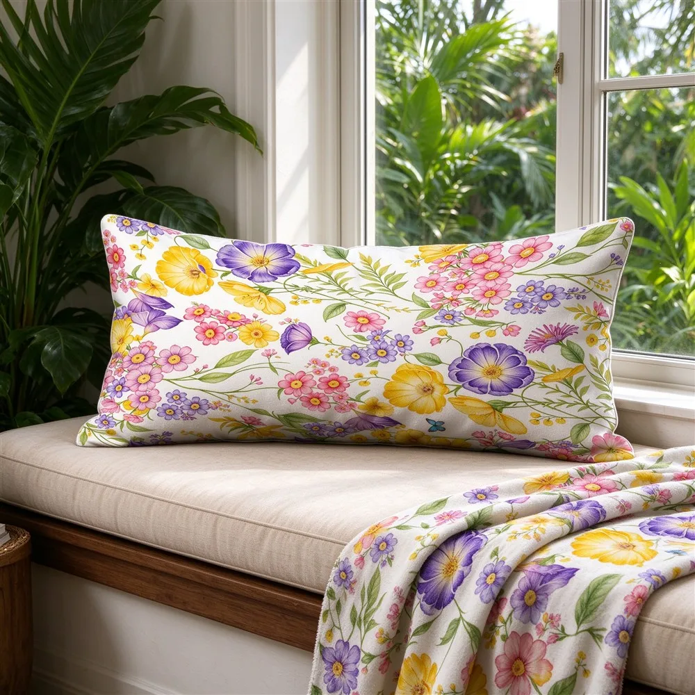 Yellow Multi Tropical Mix Print Long Pillow Cover, Tropical Style, Window Seat Decorative, Polyester, Throw Pillow, Quick Dry