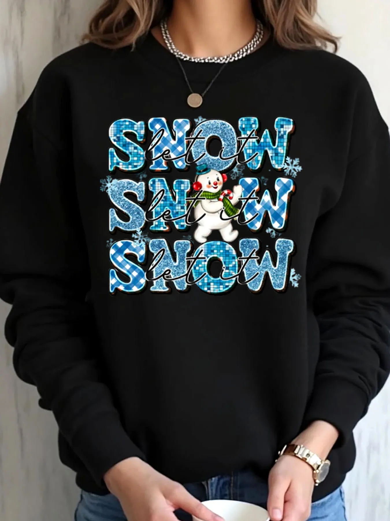 سويت شيرت نسائي كبير الحجم لرجل الثلج في عيد الميلاد Let It بطباعة الثلج ملابس خارجية #1