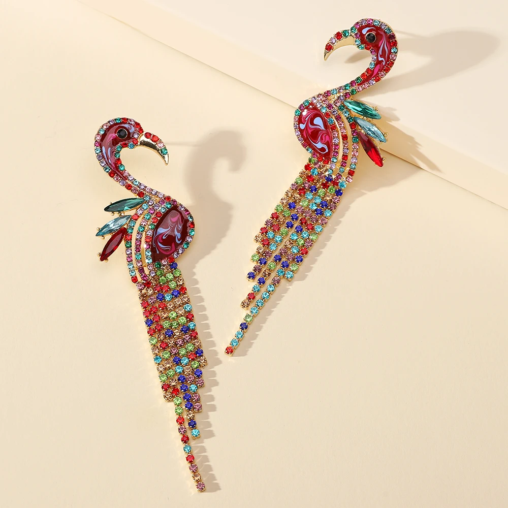 Fashion Colorful Bird Tassel Dangle Statement Earrings For Women New Boho Flamingo Rhinestone Brincos Luxury Jewelry Accessories