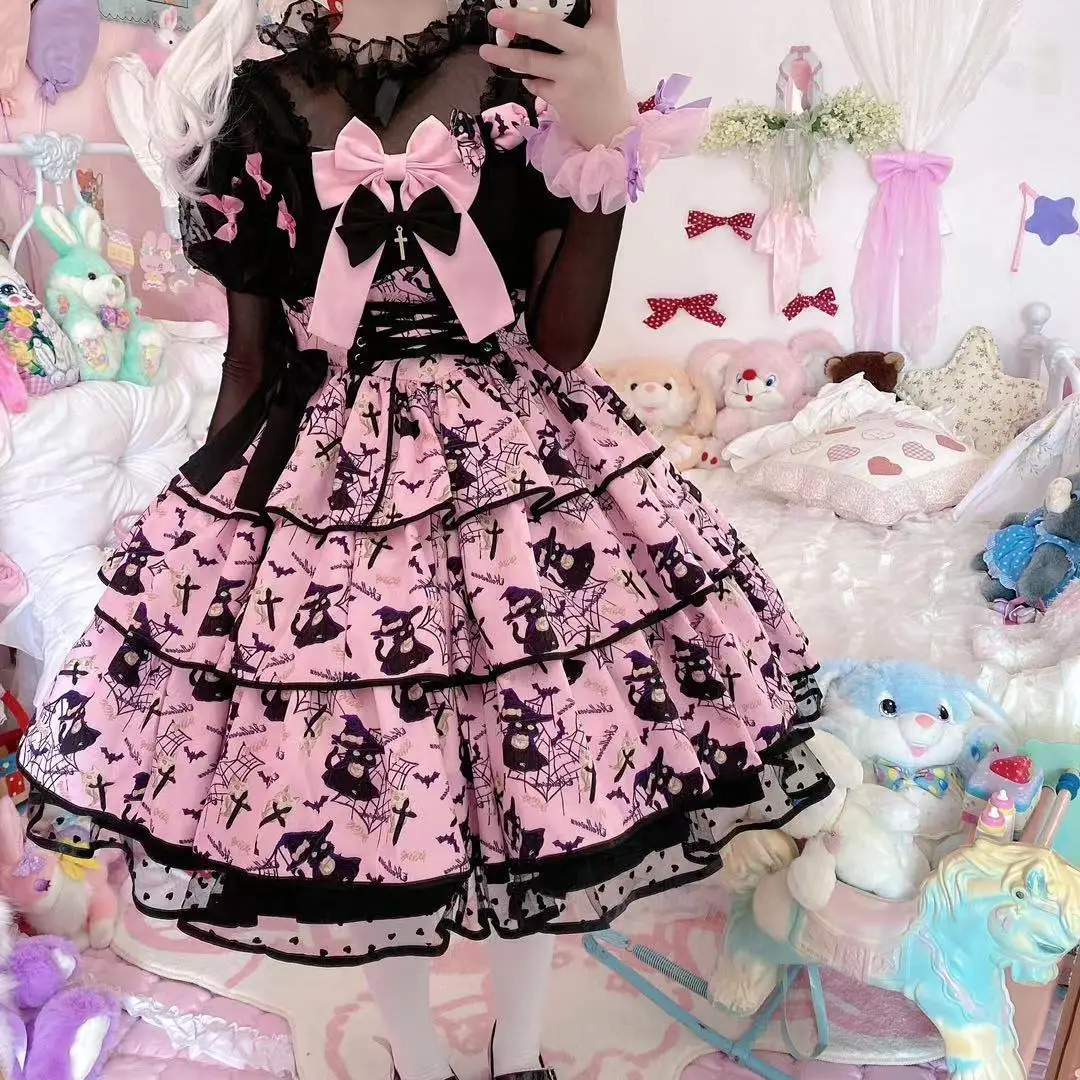 Vestidos de Fiesta de té de princesa sin mangas, rosa, negro, Morado, Victoriano, Kawaii, amarillo, Lolita, gato, Elena, de tres etapas, Jsk