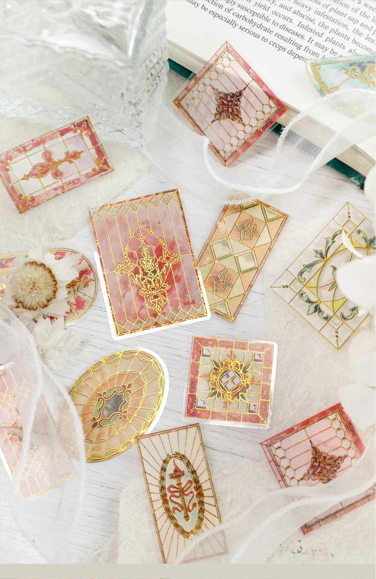 Journal GO 30 Stück Vintage wunderschöne florale Fliesen-Aufkleber mit Heißfolienprägung für Scrapbook-Karten, DIY, goldene geprägte Muster, Planer-Aufkleber – Detail 10