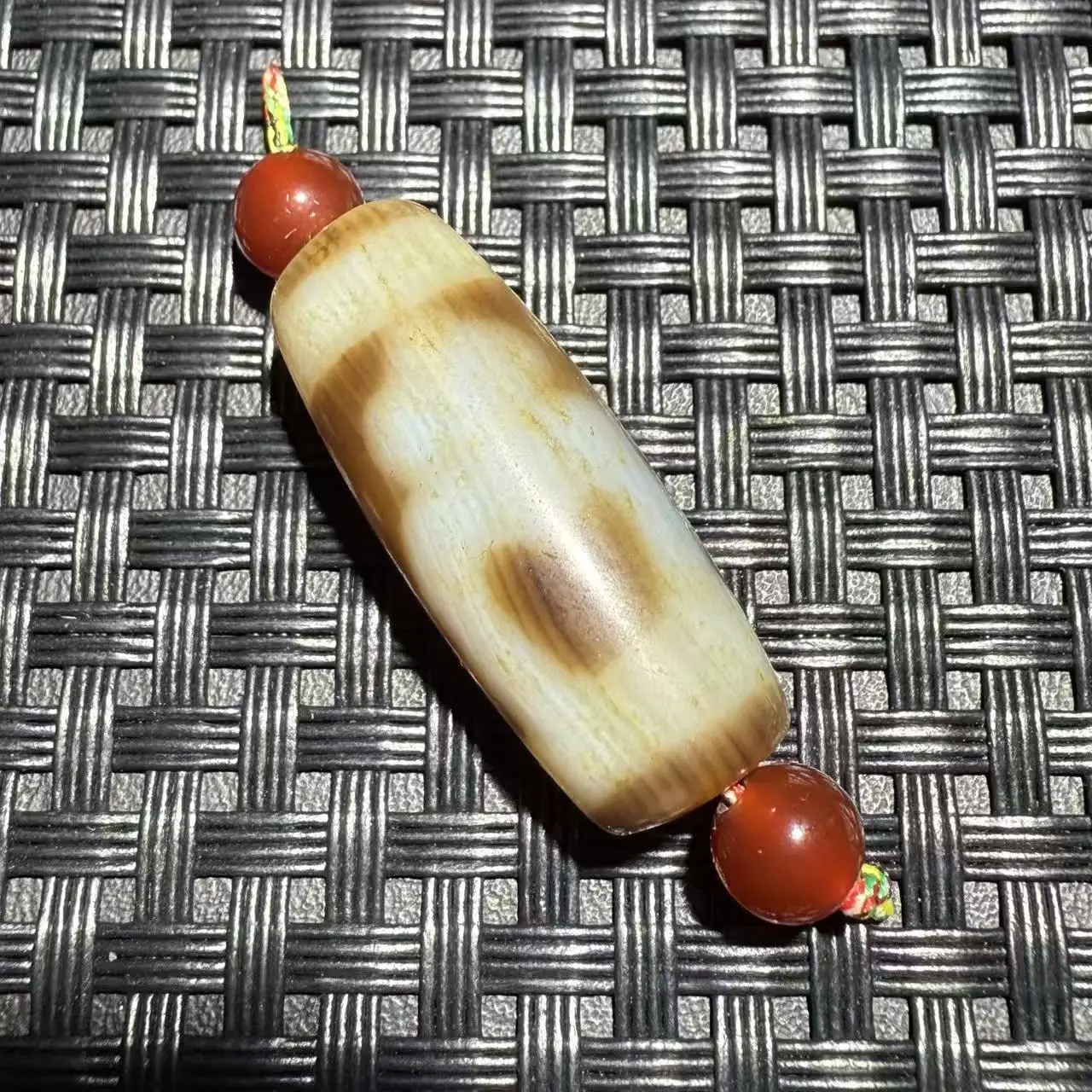 Magic Tibetan Old Agate 2 precious bottle Cinnabar Totem dZi Bead Amulet 29x11.2mm