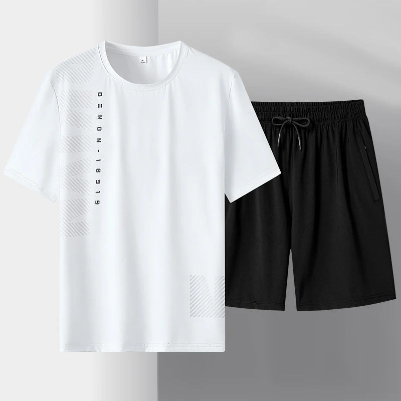 Men Summer Ice Silk Quick Dry T Shirt Shorts Set Outdoor Running Fitness Loose Casual Sportswear 4 Color Short Sleeve Suit