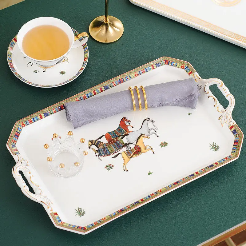 Simple and fashionable ceramic tray rectangular tea tray household fruit tray
