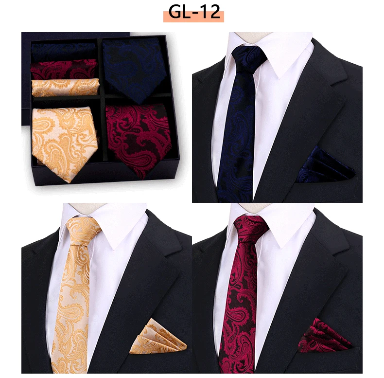 Neue Geschenkbox für Herren, modische burgunderrote Krawatten mit Cashew-Print, Business-Streifenkrawatten, Einstecktücher, 3-teiliges Kombinationsset – Detail 14
