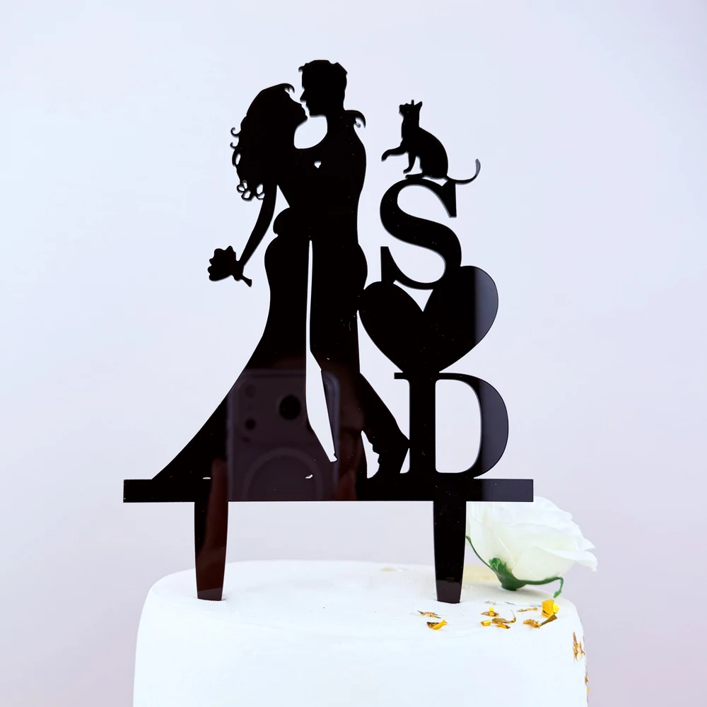 Personalized Wedding Cake Topper Letters, Unique Cake Topper, Initial Wedding Cake Topper with Cat Bride and Groom Silhouette