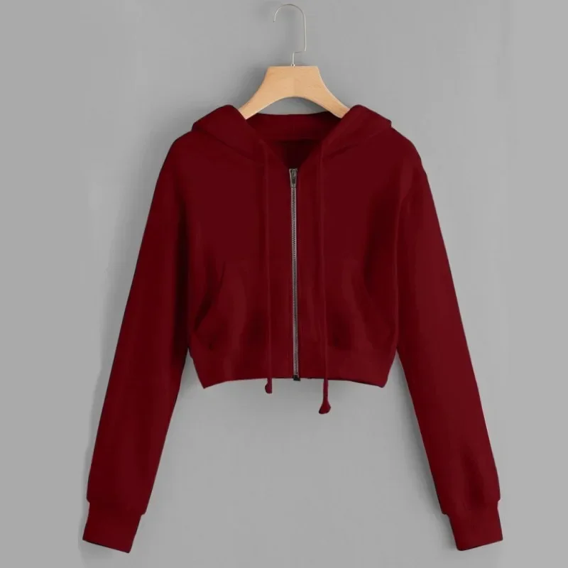 Long Sleeve Pocket Jacket Hoody Cotton Coats Sexy Zip-up Drawstring Sweatshirt Crop Top Hoodie Woman