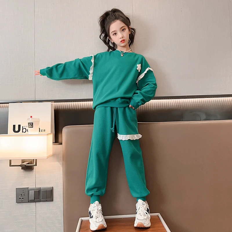 

Children's Clothing Girls Solid color Sweater Tracksuit Flower Lace Sweatshirt Casual Sweatpants Suit 2023 Spring New 12 13 14 T