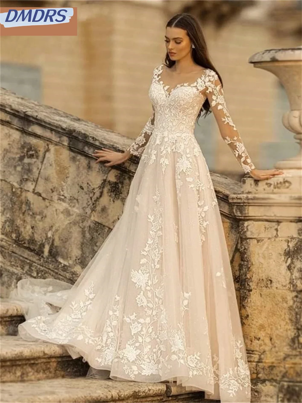 

Charming Tulle Wedding Dress 2024 Elegant Appliqué Evening Dress Classic Long Sleeve Floor Length Bridal Gown Vestidos De Novia