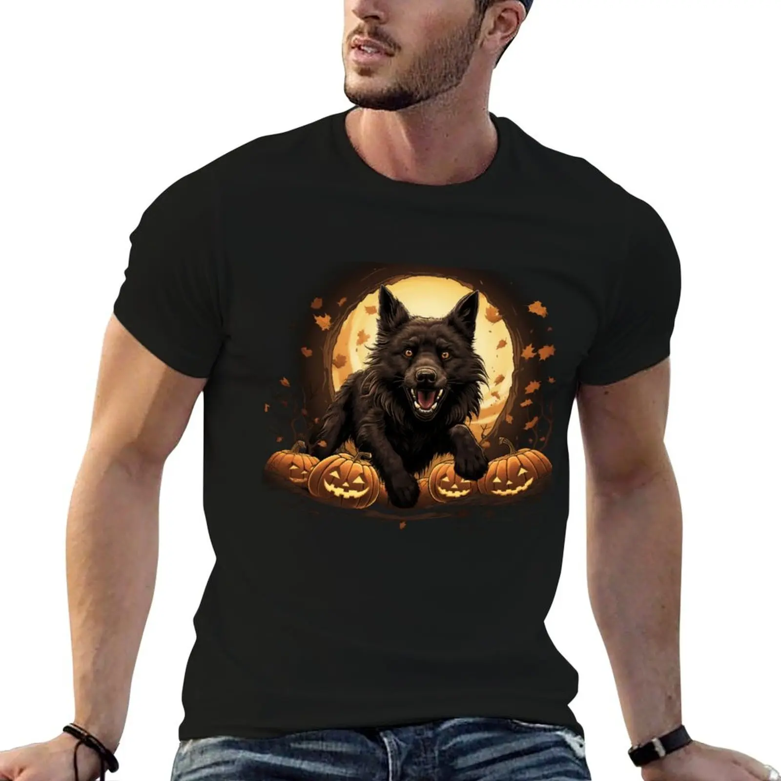 Camiseta Happy Wolfhound con diseño de calabazas y luna sin fondo, camiseta informal de anime para hombre