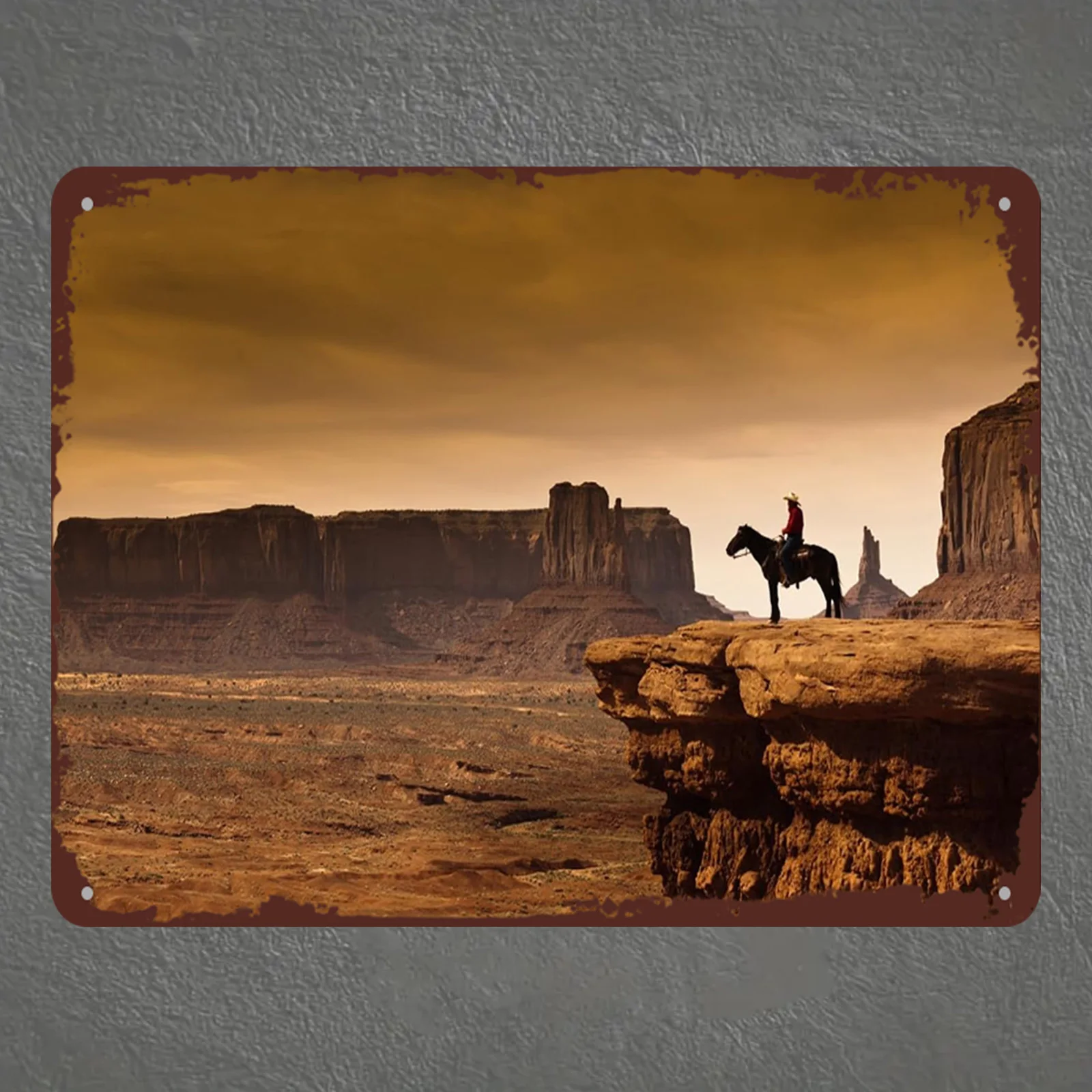 2D plane, western cowboy in the rural west and Indian mountain scenery metal sign - 8X12 inches home wall art decoration