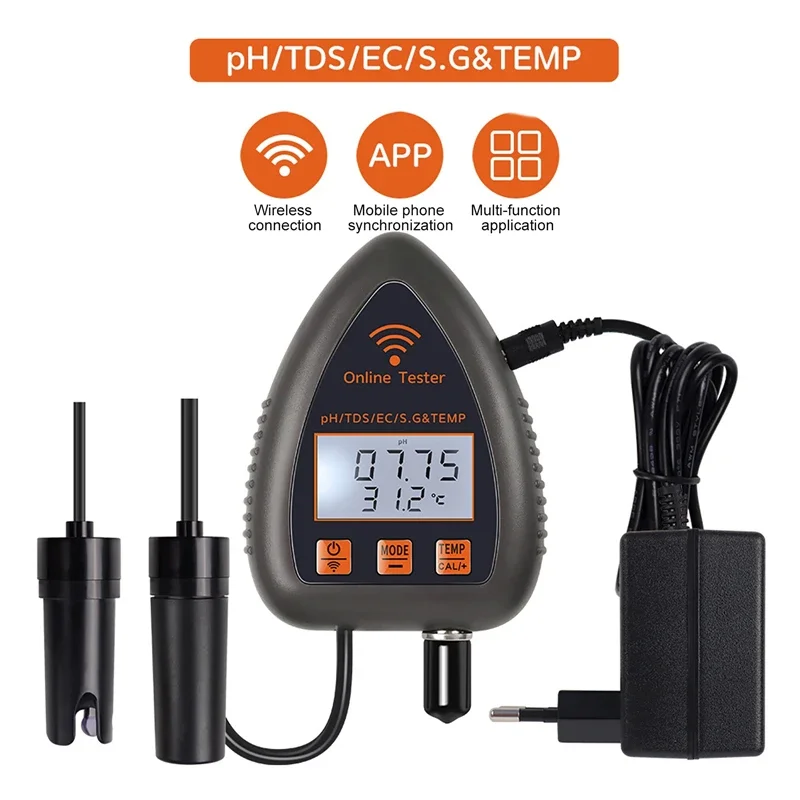 

WiFi 5 in 1 Water Quality Monitor PH/TDS/SALT/S. G/TEMP Multi-function Water Analyzer for Aquariums Aquaculture APP Control