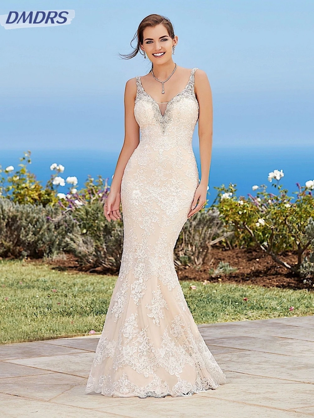 Vestido De novia con cuello en V y Espalda descubierta, traje De novia clásico con apliques De encaje, vestido De novia largo De sirena elegante