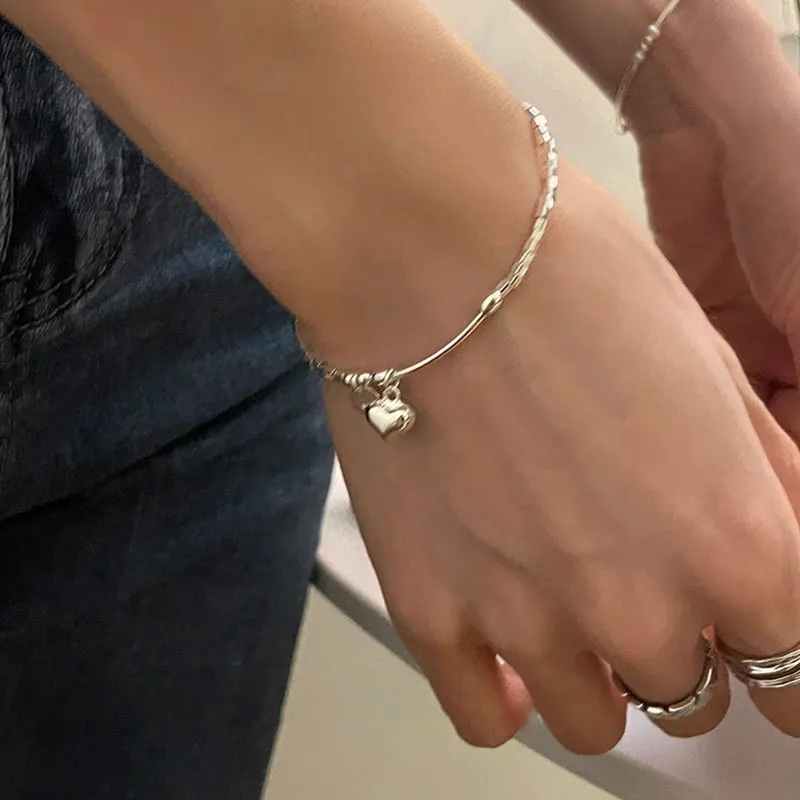 925 Sterling Silver Color Love Heart Square Beaded Bracelet for Women Girl Fashion Korean Trend Fine Jewelry Gift Dropshipping