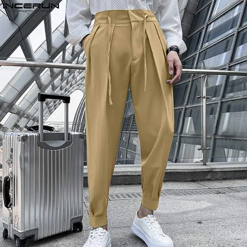 2023 Fashion Men Pants Solid Color Lace Up Pleated Joggers Casual Trousers Men Loose Streetwear Leisure Long Pants S-5XL INCERUN