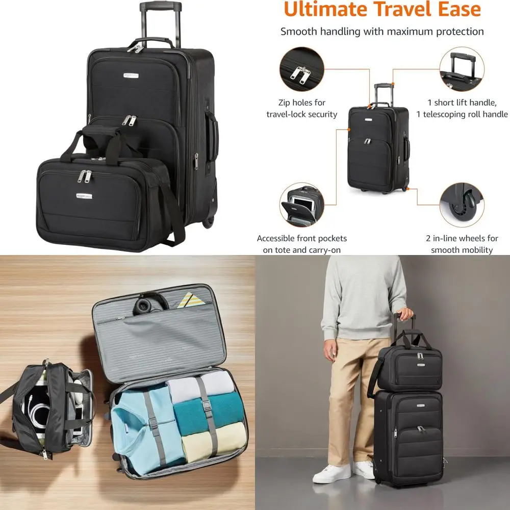 

Expandable 23 Carry-On Luggage Set with 15 Tote, Wheels, and Telescopic Handle, Black