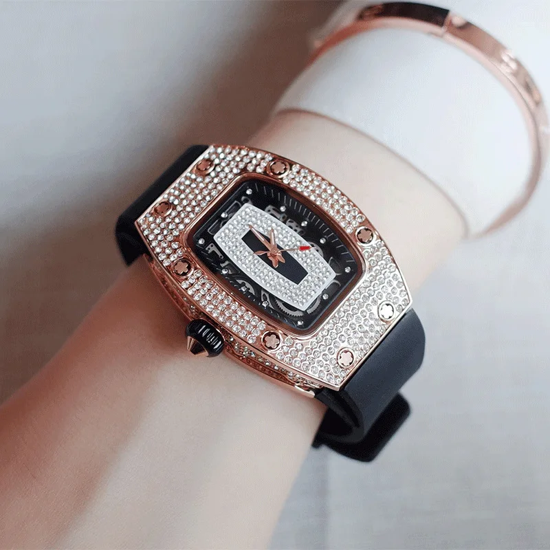 New Tonneau Fashion Rose Iced Diamond Jewelry Watch Women Casual Silicone Strap Quartz Wristwatches 2026 Hot Selling Girl's Gift