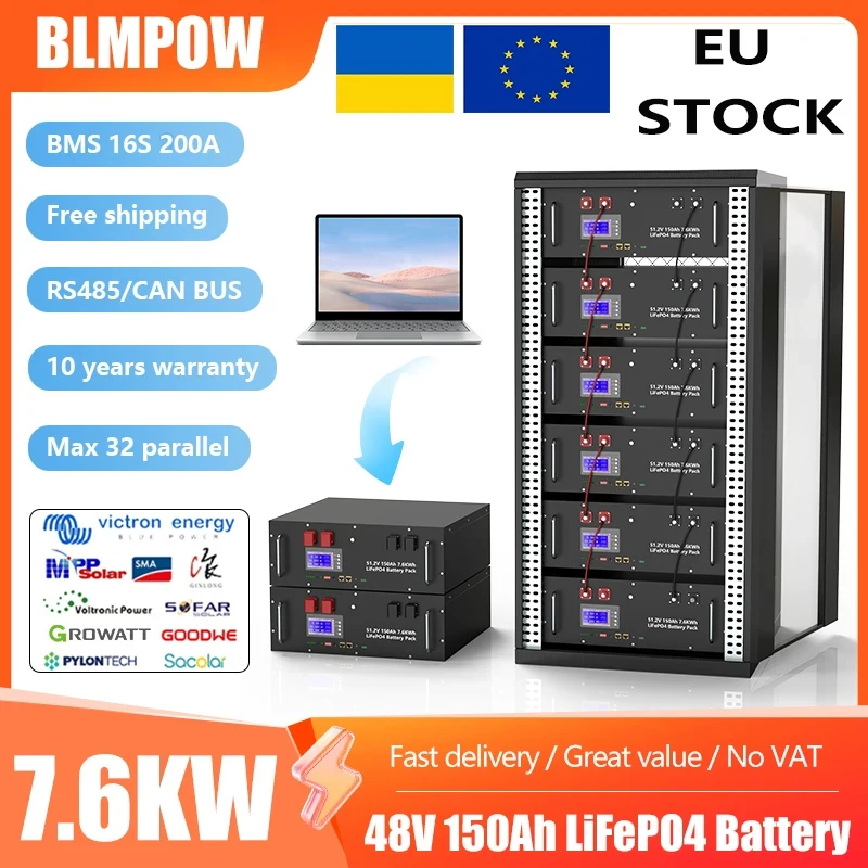 48V 100AH 150AH 200AH LiFePO4 Battery Pack 51.2V 7.6KW Lithium Battery 6000+ Cycles With 16S 100A BMS For Inverter EU Stock