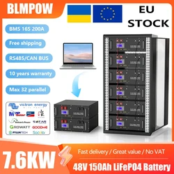 Batería LiFePO4 de 48V, 100AH, 150AH, 200AH, batería de litio de 51,2 V, 7,6 kW, más de 6000 ciclos con BMS 16S 100A para inversor, Stock de la UE