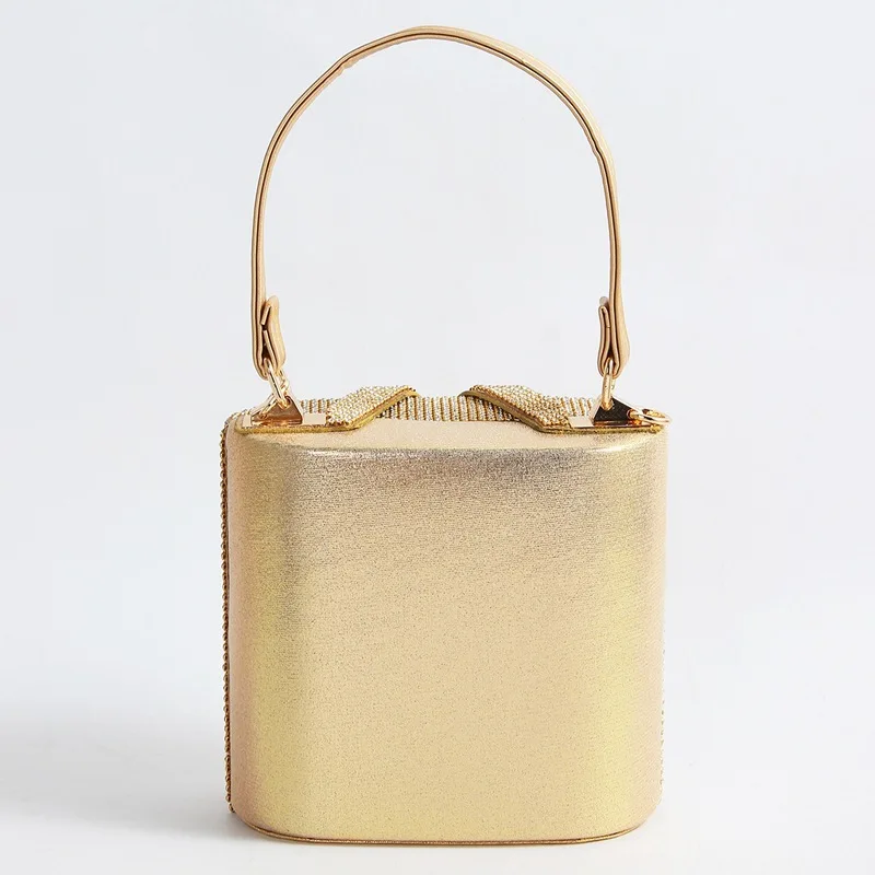 Simple Exquisite Gold High Heels Metallic Drill Chain Decoration Bucket Bag Fashion Banquet Shoes and Bag Party Office Bag