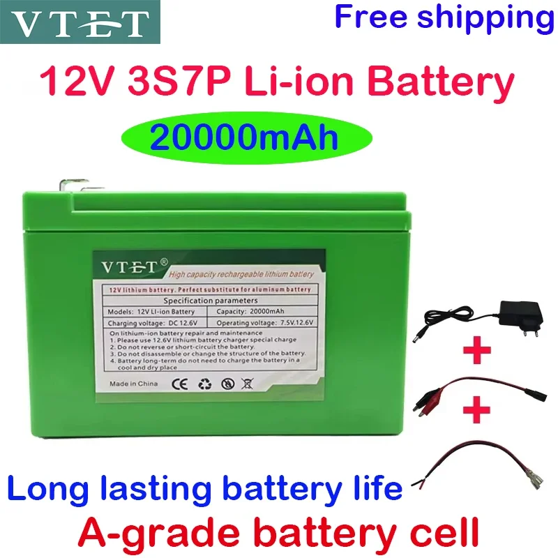 New DC12V 15Ah-20Ah 3S7P 18650 High-capacity Lithium Battery, Suitable for Standard 12Voltage Equipment+12V 3A Charger+BMS