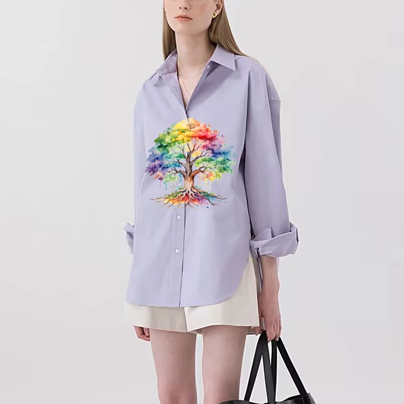 Colorful Tree Printed Shirt With Long Sleeves And Dreamy Tree Design Perfectly Matched With Button Design For Women's Clothing