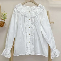 Cottagecore Fall Cotton Linen Long Sleeve Eyelet Lace White Shirt Japan Mori Girl Vintage Retro Chic Victorian Classy Blouse