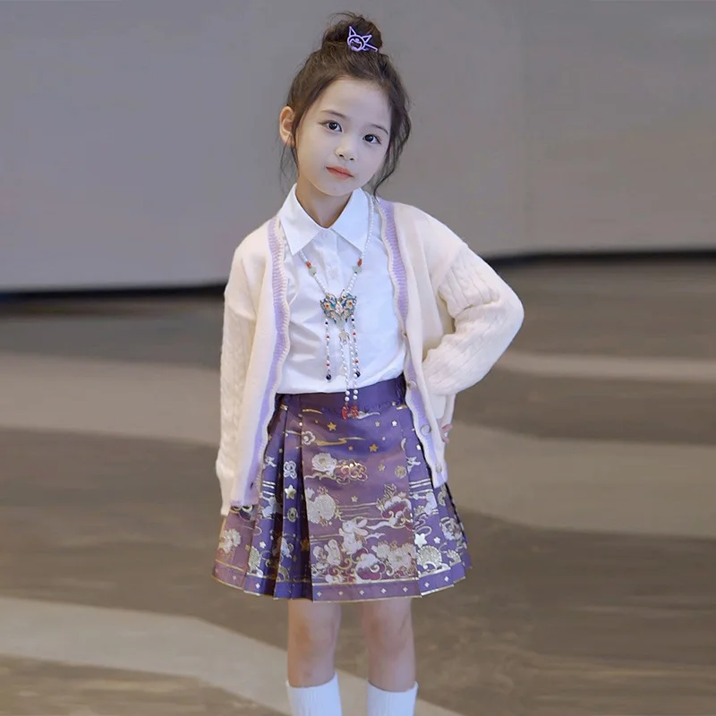 

Autumn Baby Girl 3pcs Set Turn Down Collar T-shirt+Knitted Coat+Printed Skirt Kid Girl Set Long Sleeves Children Girl Dress Set
