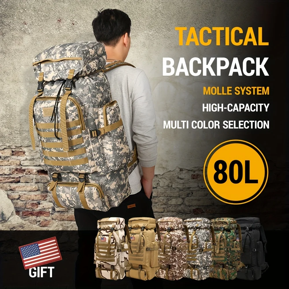 

Men's Backpack for Mountain Climbing, Heavy Duty Double-Shoulder Travel Bag with Removable National Flag Patch Accessory