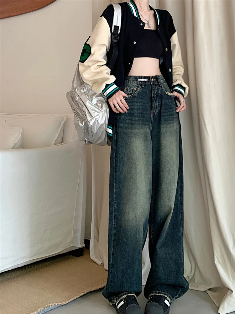 Damskie luźne dżinsy z szeroką nogawką w stylu Harajuku Jesienno-zimowa moda uliczna Retro proste luźne spodnie dżinsowe ﻿ — zdjęcie 2