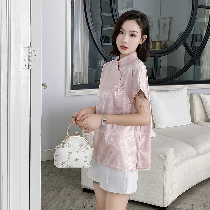 Chinese Style Short Sleeve T-shirt Vintage Jacquard Imitation Silk Woman Shirt Summer Elegance Modified Cheongsam Loose Top