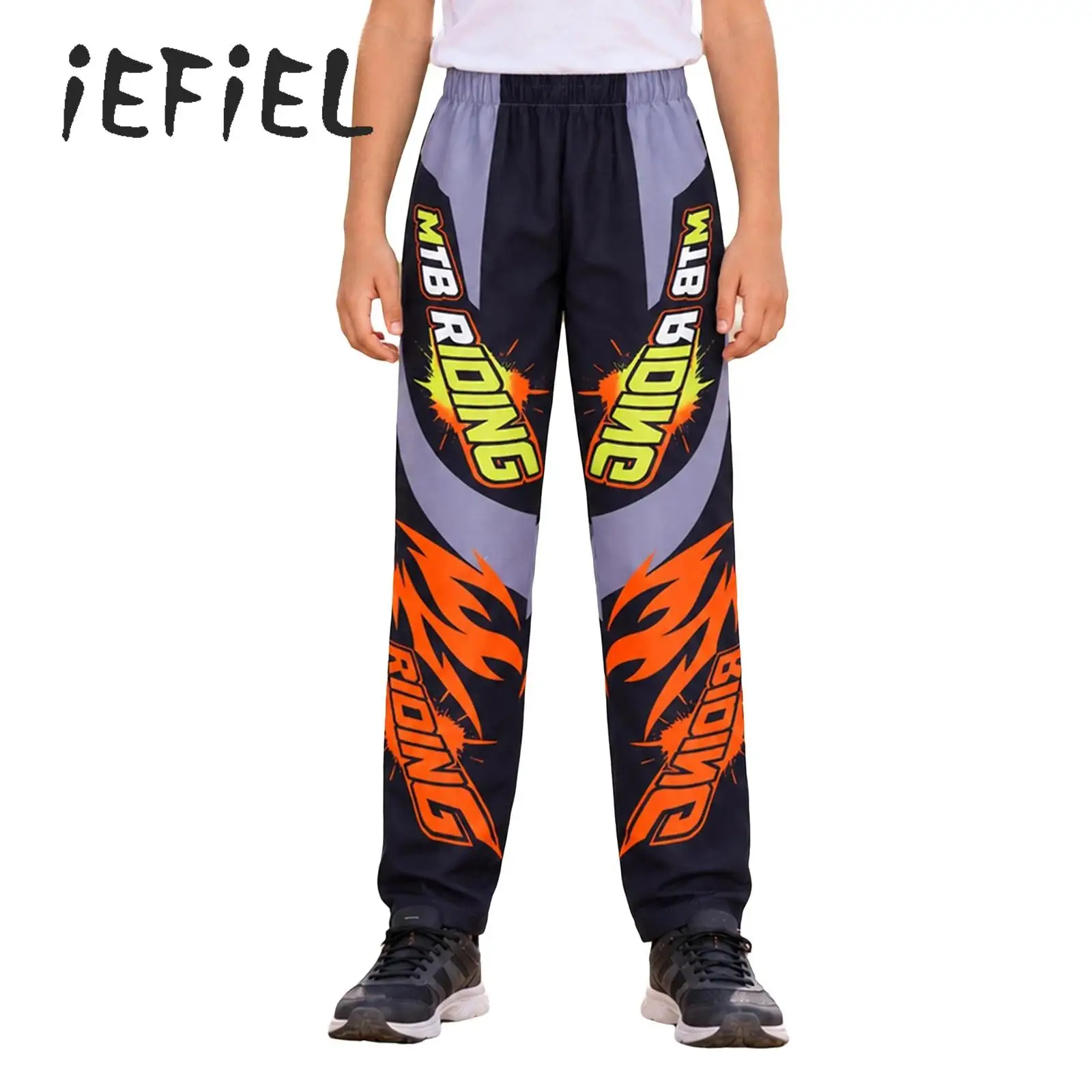 Boys Letter Print Motocross Pants Elastic Waistband Color-block Dirt Bike Trousers Kids Cycling Outdoor Rock Climbing Sportswear