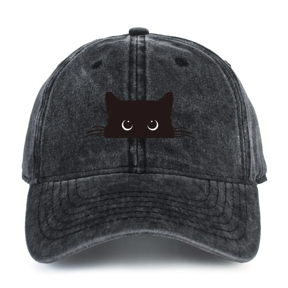 

2025 Summer Black Cat Printed Washed Baseball Caps, Men's and Women's Sun Hats, Fashionable Outdoor Casual Sun Protection
