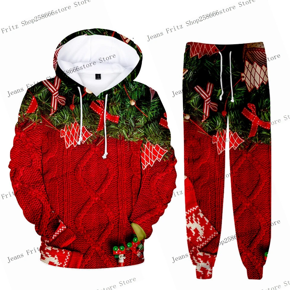 3D Print Hoodies Suit Christmas Santa Claus Man Woman Tracksuit Pants 2pcs Sets New Year Holiday Party Kids Pullover Hoodie