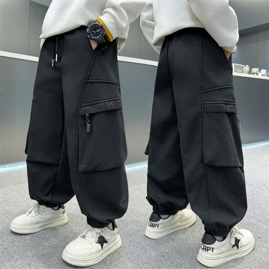 Korean Style Kids Winter Sports Pants with Side Pockets for Teenager Boys Casual Insulated Trousers Child School Warm Sweatpants