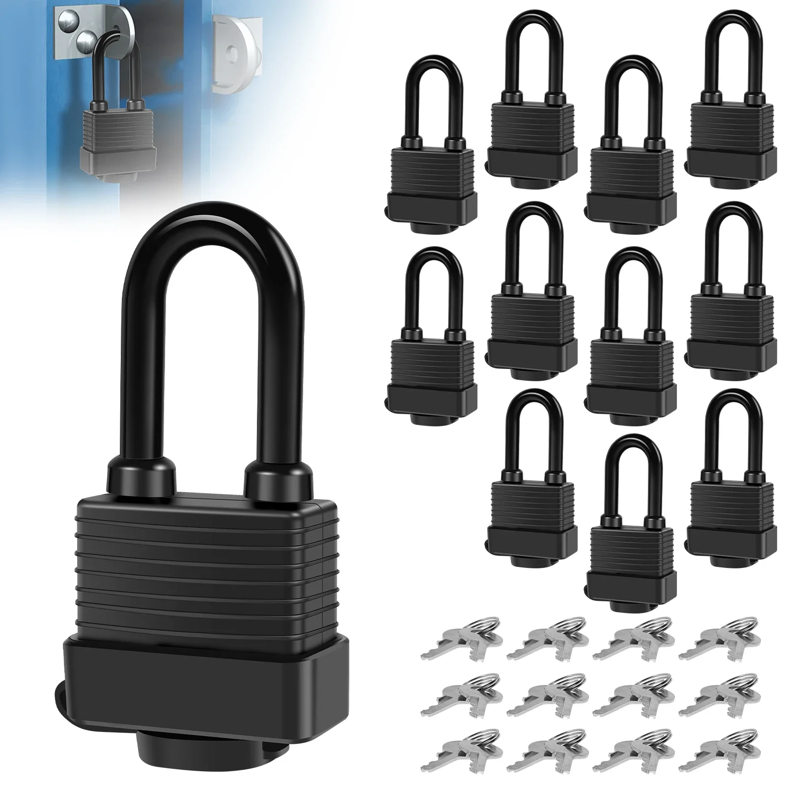 12Pcs Water Resistant Outdoor Padlock with 24 Keys Safe Laminated Steel Shackle Padlock for Gym Locker Garage Extra Security