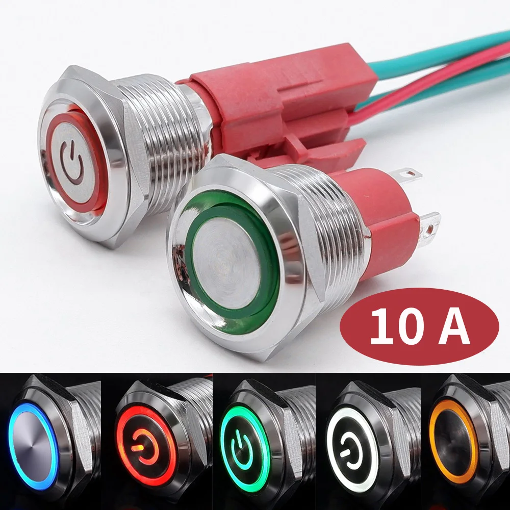 10A Metal Push Button Switch with Wire On Off PC Power Waterproof 12v for Car Momentary Latching Fixed NO NC 5V 220V 16 19 22 mm