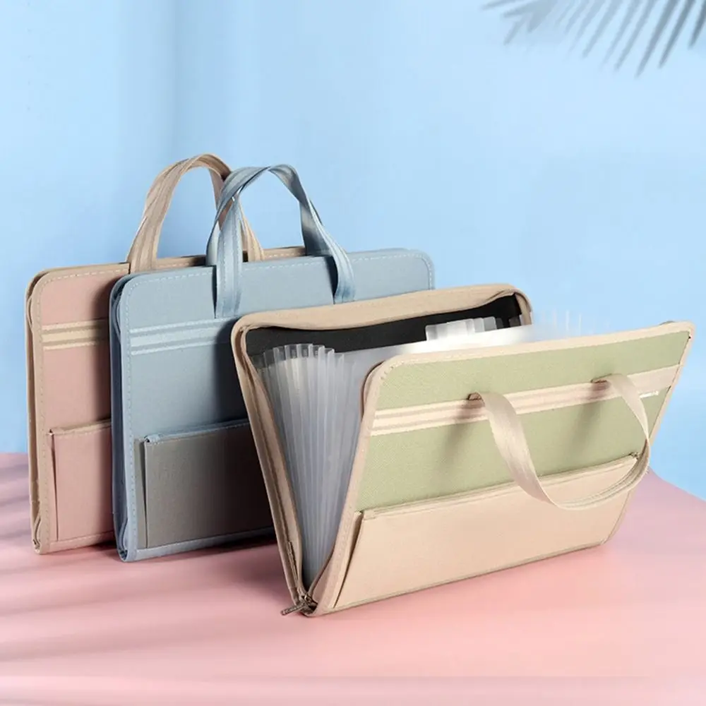 13 Pocket Canvas Accordion Document Bag Vertical Large Capacity A4 Expanding File Organizer with Handle Portable