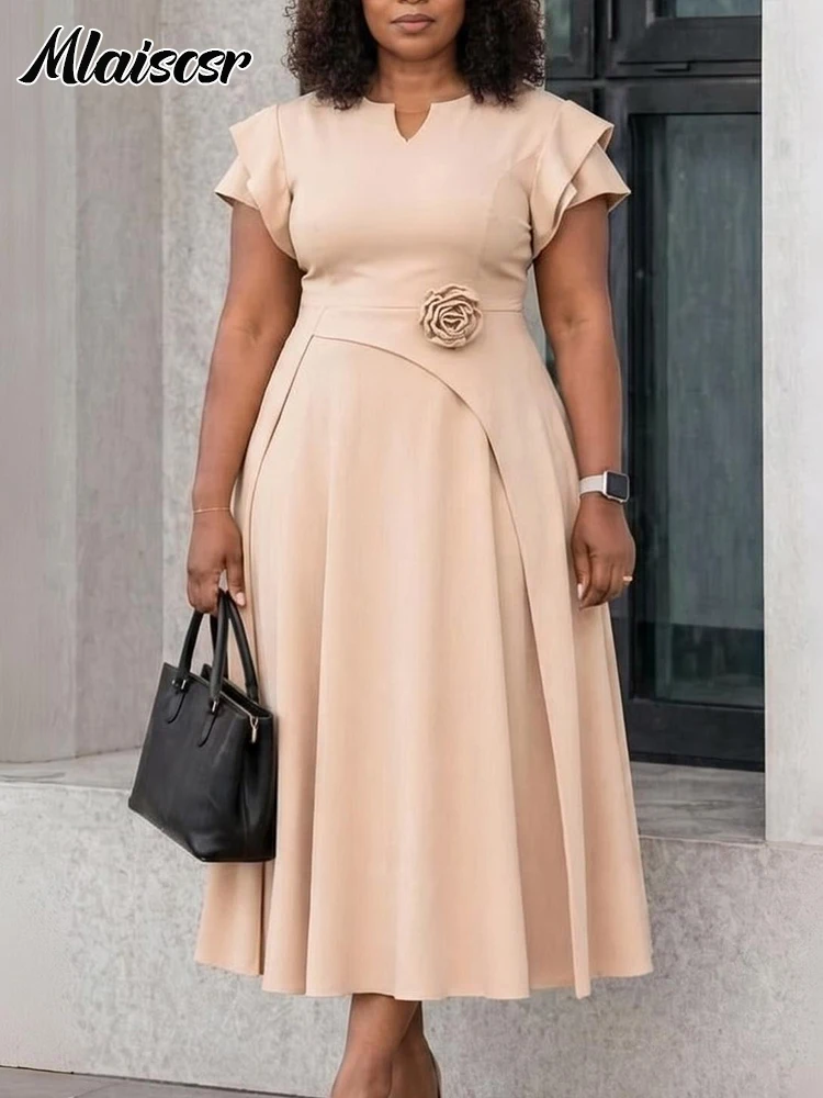 Mlaiscsr Women V Neck Ruffle Sleeve Elegant Work A-Line Midi Dresses Formal  Flowy Midi Dress with Flower Waist Detail Church - AliExpress 200000345