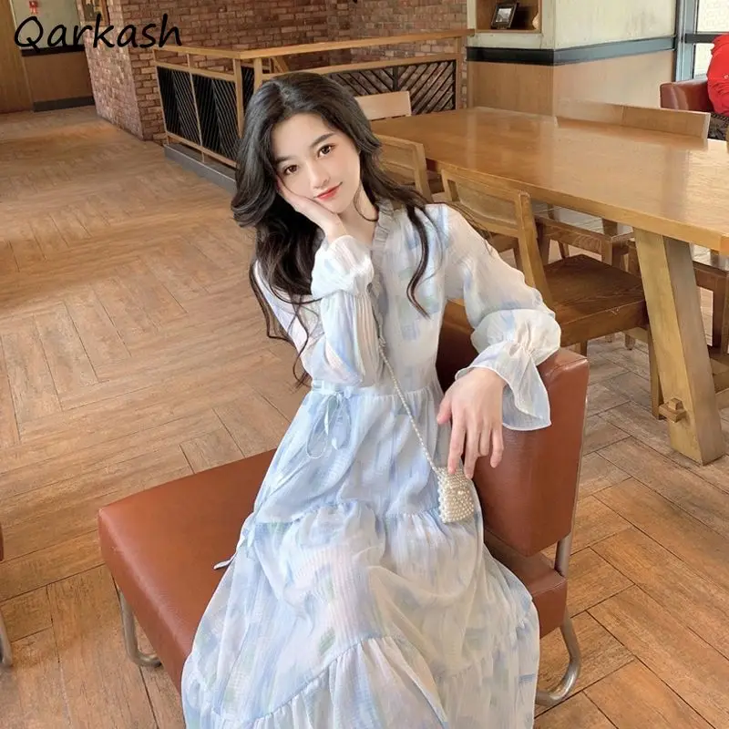 

Dresses Women Ruched Floral Chiffon Sweet Lovely Girls All-match Korean Fashion Gentle Stylish Waist Lace-up Spring Vestidos