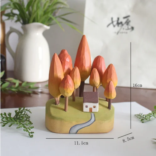 Nature Style Handmade Basswood Craft Tree Cabin Desktop Ornament Autumn Rustic Farmhouse Home Tabletop Decoration Accessory