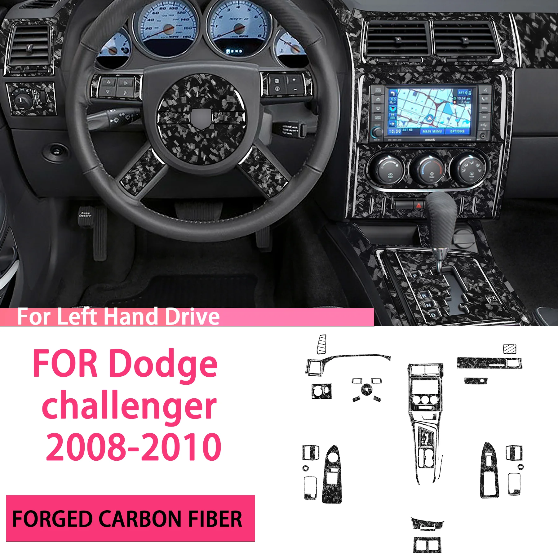 FOR Dodge challenger 08-14 Forged Carbon Fiber Car Steering Wheel Dashboard Air Vents Gear Shift Frame Set Accessories Stickers