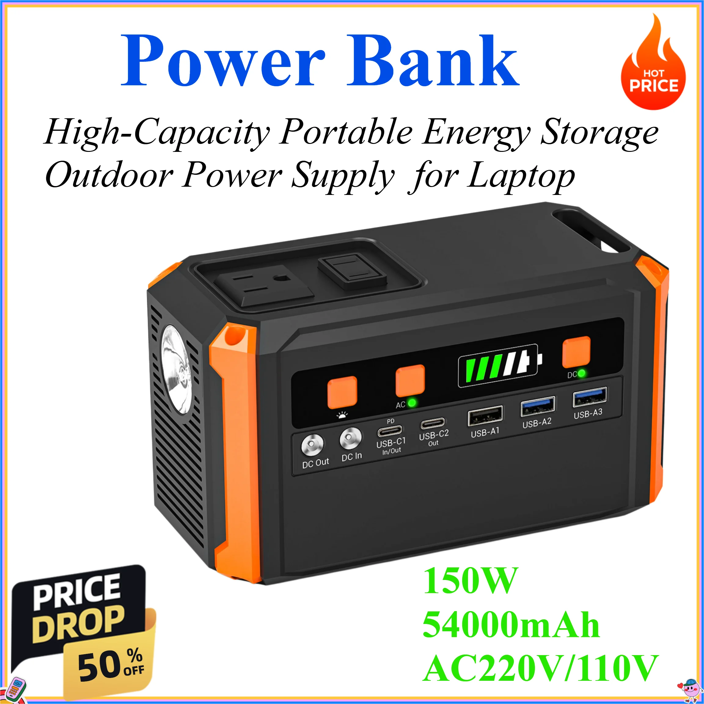 150W 54000mAh AC220V/110V High-Capacity Portable Energy Storage Aluminum Alloy Outdoor Power Supply Power Bank for Laptop