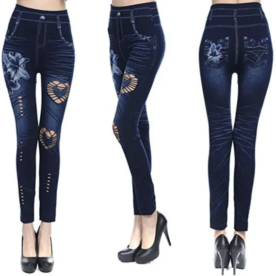 

Women Cotton Imitation Denim Leggings Hollow Sexy Wrapped Pants Slim Skinny